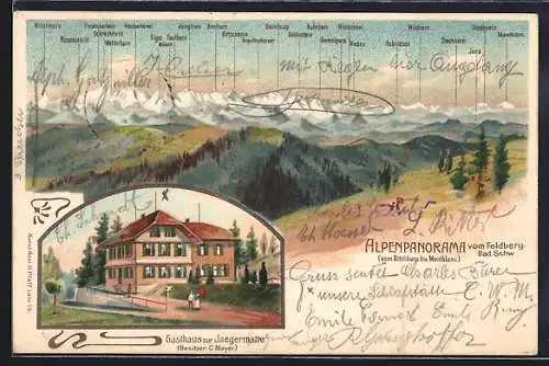 Lithographie Feldberg / Schwarzwald, Gasthaus zur Jaegermatte, Alpenpanorama vom Ritzlihorn bis Montblanc