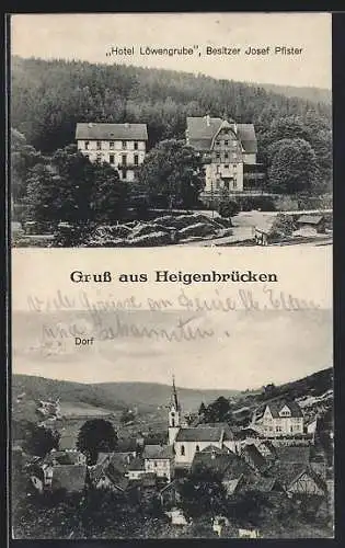 AK Heigenbrücken, das Hotel Löwengrube, die Kirche im Ort