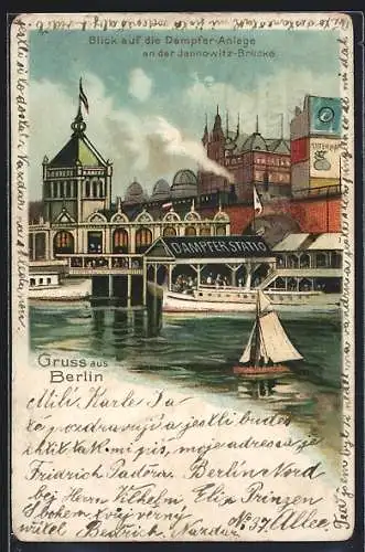 Lithographie Berlin, Dampfer-Anlage an der Jannowitz-Brücke