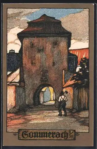 Steindruck-AK Sommerach, Anwohner am Tor