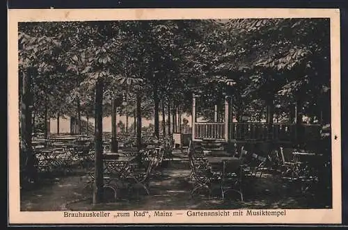 AK Mainz, Gasthof Brauhauskeller zum Rad, Gartenansicht mit Musiktempel