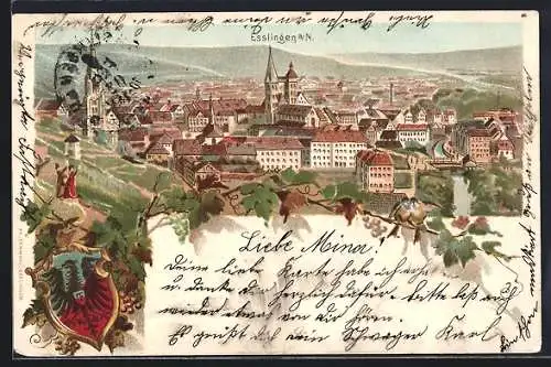 Lithographie Esslingen a. N., Totalansicht und Stadtwappen