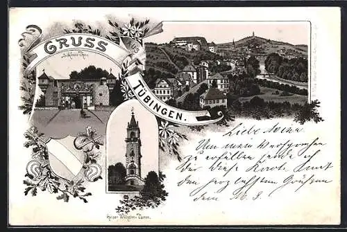 Lithographie Tübingen, Rathaus, Schlosstor und Kaiser-Wilhelm-Turm