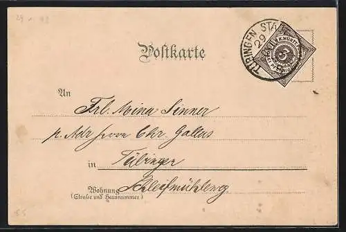 Lithographie Tübingen, Rathaus, Schlosstor und Kaiser-Wilhelm-Turm