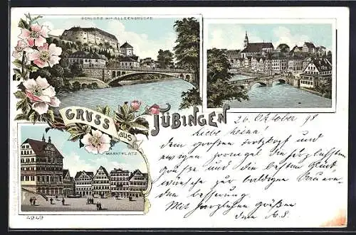 Lithographie Tübingen, Teilansicht, Schloss mit Alleenbrücke, Marktplatz