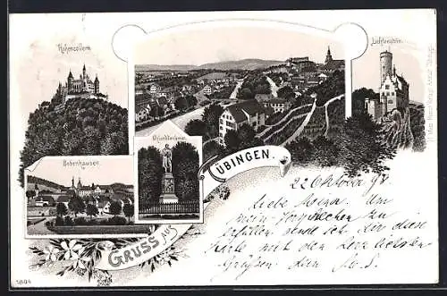 Lithographie Tübingen, Hohenzollern, Lichtenstein, Uhlanddenkmal, Ansicht Bebenhausen