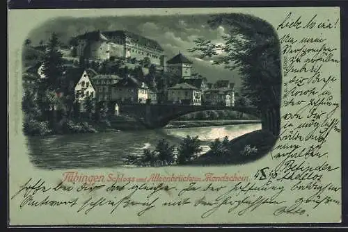 Mondschein-Lithographie Tübingen, Schloss mit Alleenbrücke bei Nacht