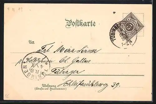Mondschein-Lithographie Tübingen, Schloss mit Alleenbrücke bei Nacht