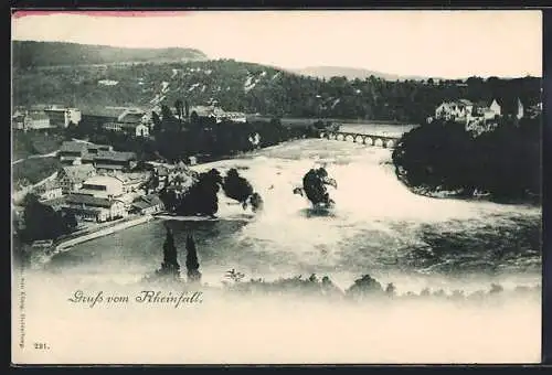 AK Schaffhausen, der Rheinfall mit Schloss und Eisenbahnbrücke