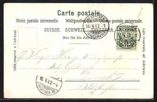 AK Rheinfall, Rötlich beleuchteter Wasserfall mit Dampfeisenbahn