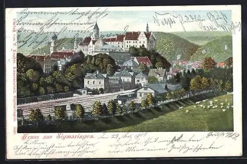 Lithographie Sigmaringen, Teilansicht mit Bahnhof