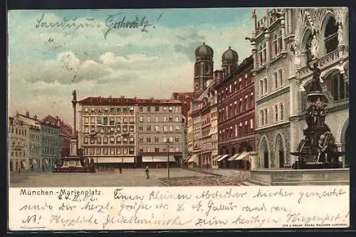 Lithographie München, Blick über den Marienplatz, Frauenkirche