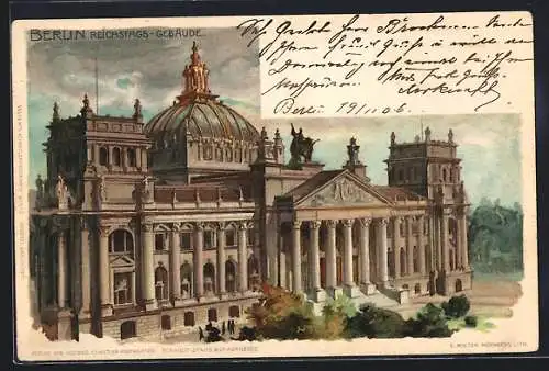 Lithographie Berlin-Tiergarten, Fassade des Reichstagsgebäudes