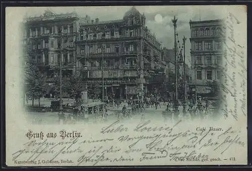 Mondschein-AK Berlin, Hotel Behrens und Cafe Bauer mit Strassenbahn