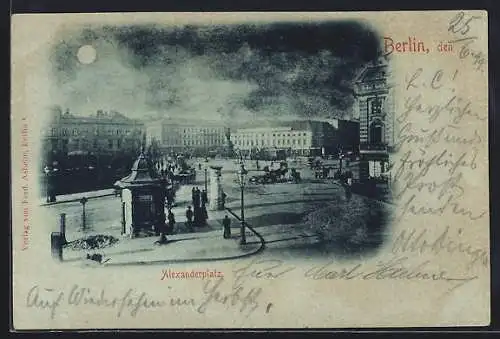 Mondschein-AK Berlin, Alexanderplatz mit Kiosk und Litfasssäule