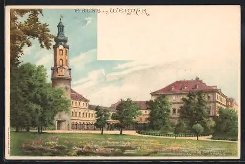 Lithographie Weimar / Thüringen, Parkanlage mit Grossherz. Residenzschloss