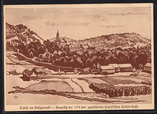 Künstler-AK Castell am Steigerwald, Panorama mit Kirche, Castell`sche Credit-Casse
