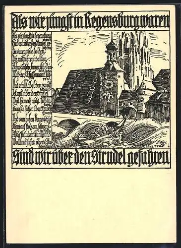 Künstler-AK Regensburg, Strudel und Kirche