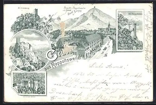 Lithographie Rappoltsweiler, Hotel Stadl Nanzig, Kapelle Dusenbach, Giersberg, St. Ulrichsburg, Hoh Rappoltstein