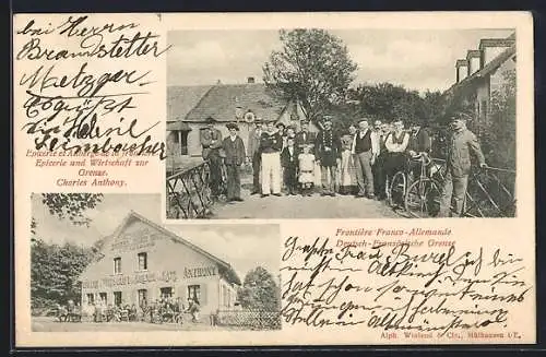 AK Altmünsterol, Epicerie und Wirtschaft zur Grenze, Deutsch-Französiche Grenze mit Soldat in Uniform