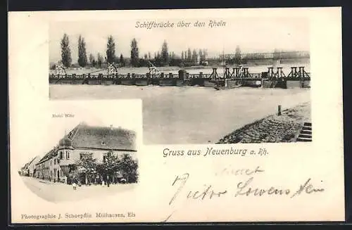 AK Neuenburg /Rh., Hotel Witz mit Strasse, Schiffbrücke über den Rhein