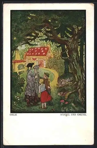 Künstler-AK Orlik: Hänsel und Gretel, Hexe, Pfefferkuchenhaus