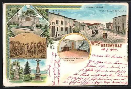 Lithographie Rezonville, Nachtquartiere von König Wilhelm, Fürst Bismarck und Graf v. Moltke