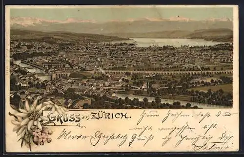 Lithographie Zürich, Panoramablick mit See und Gebirge