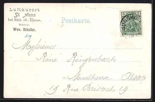 Goldfenster-AK Sulz /Ob. Els., St. Anna, Gasthaus in den Bergen, Bes. Wwe. Schuller, Ruine Freundstein