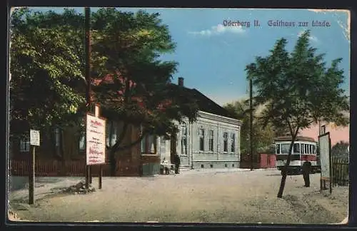 AK Oderberg, Gasthaus zur Linde mit Strassenbahn