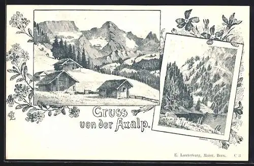 Lithographie Brienz, Axalp, Ortsansicht in den Bergen, Seepartie