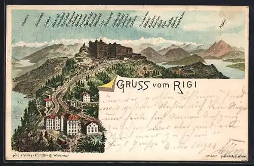 Lithographie Rigi, Hotels auf dem Rigi, Bergbahn, Alpenpanorama