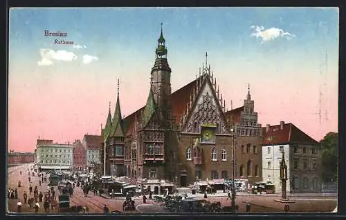 AK Breslau, Rathaus mit Kutschen