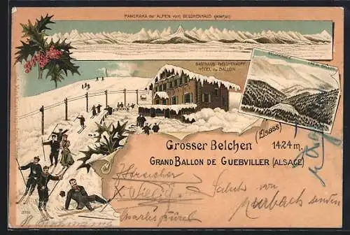 Lithographie Grosser Belchen, Gasthaus Belchenkopf, Hotel du Ballon, Belchensee, Panorama