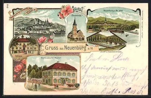 Lithographie Neuenburg a. R., Stadtkirche, Bierbrauerei Müller, Rathaus, Eisenbahnbrücke, Ortsansicht