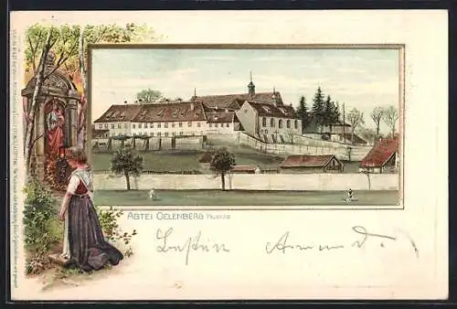 Passepartout-Lithographie Oelenberg, Blick auf die Abtei Oelenberg, Frau am Flurkreuz