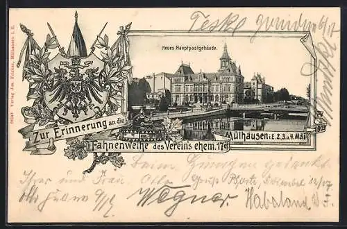 AK Mühlhausen, Neues Hauptpostgebäude, Fahnenweihe des Vereins ehem. 17er 1903