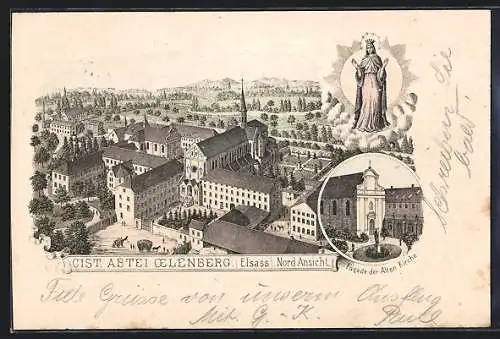 Lithographie Oelenberg, Cistercienser-Abtei Oelenberg, Gesamtansicht, Facade der alten Kirche, Marienerscheinung