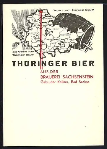 AK Bad Sachsa, Brauerei Sachsenstein, Thüringer Landkarte, Fass, Gerste des Thüringer Bauers