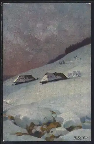 Künstler-AK Fritz Reiss: Winter im Schwarzwald, Schneebedeckte Bauernhäuser