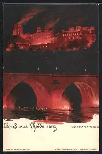 Künstler-AK Heinrich Kley: Heidelberg, Schlossbeleuchtung mit buntem Boot