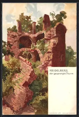 Künstler-Lithographie Heinrich Kley: Heidelberg, der gesprengte Turm