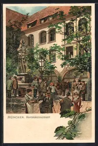 Lithographie München, Hofbräuhaus, Hofansicht mit Löwenstatue, Gästen und Kellnerin