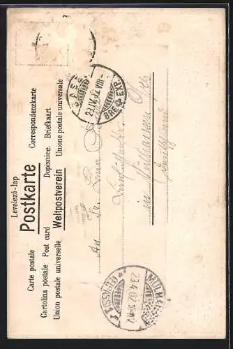 AK junge Frau mit Blumen in der Hand vor Jesuskreuz