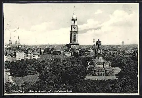 AK Hamburg, Bismarckdenkmal und Michaeliskirche