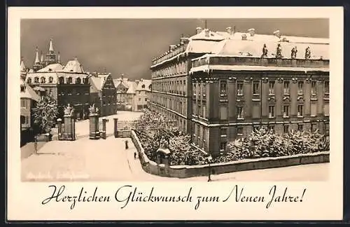 AK Ansbach, Schlossplatz im Schnee, Neujahrsgruss