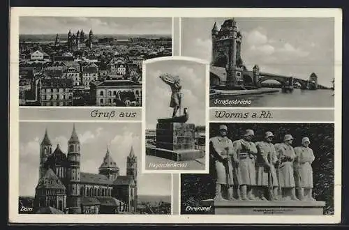 AK Worms a. Rh., Dom, Strassenbrücke, Ehrenmal