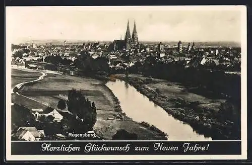 AK Regensburg, Teilansicht mit Kirche, Neujahrsgruss