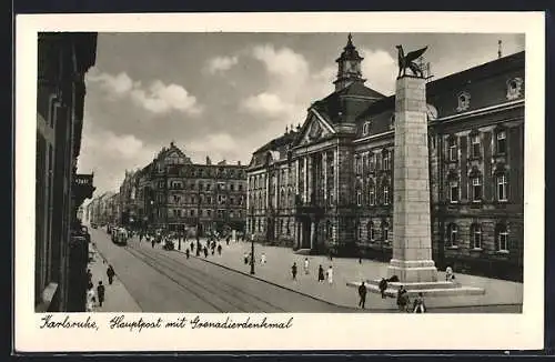 AK Karlsruhe, Blick zur Hauptpost mit Grenadierdenkmal, Strassenbahn