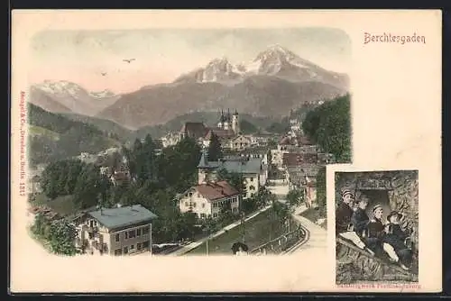 AK Berchtesgaden, Strassenpartie mit Kirche, Salzbergwerk Ferdinandsberg